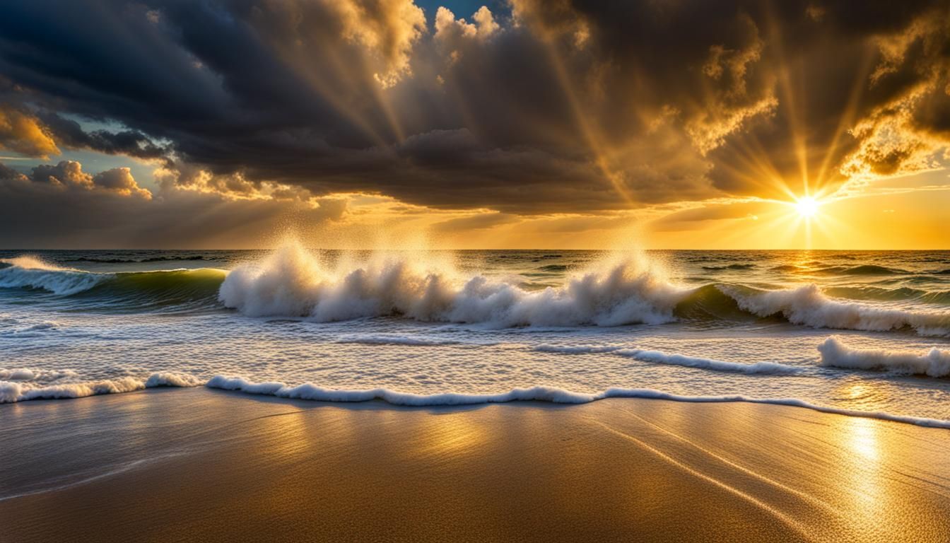 Golden Sunrise Over Sparkling Ocean Waves