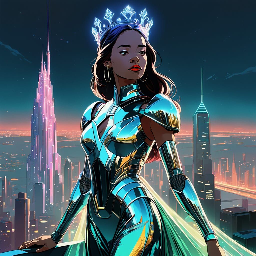 Cyberpunk Princess Reigns Over a Futuristic Metropolis