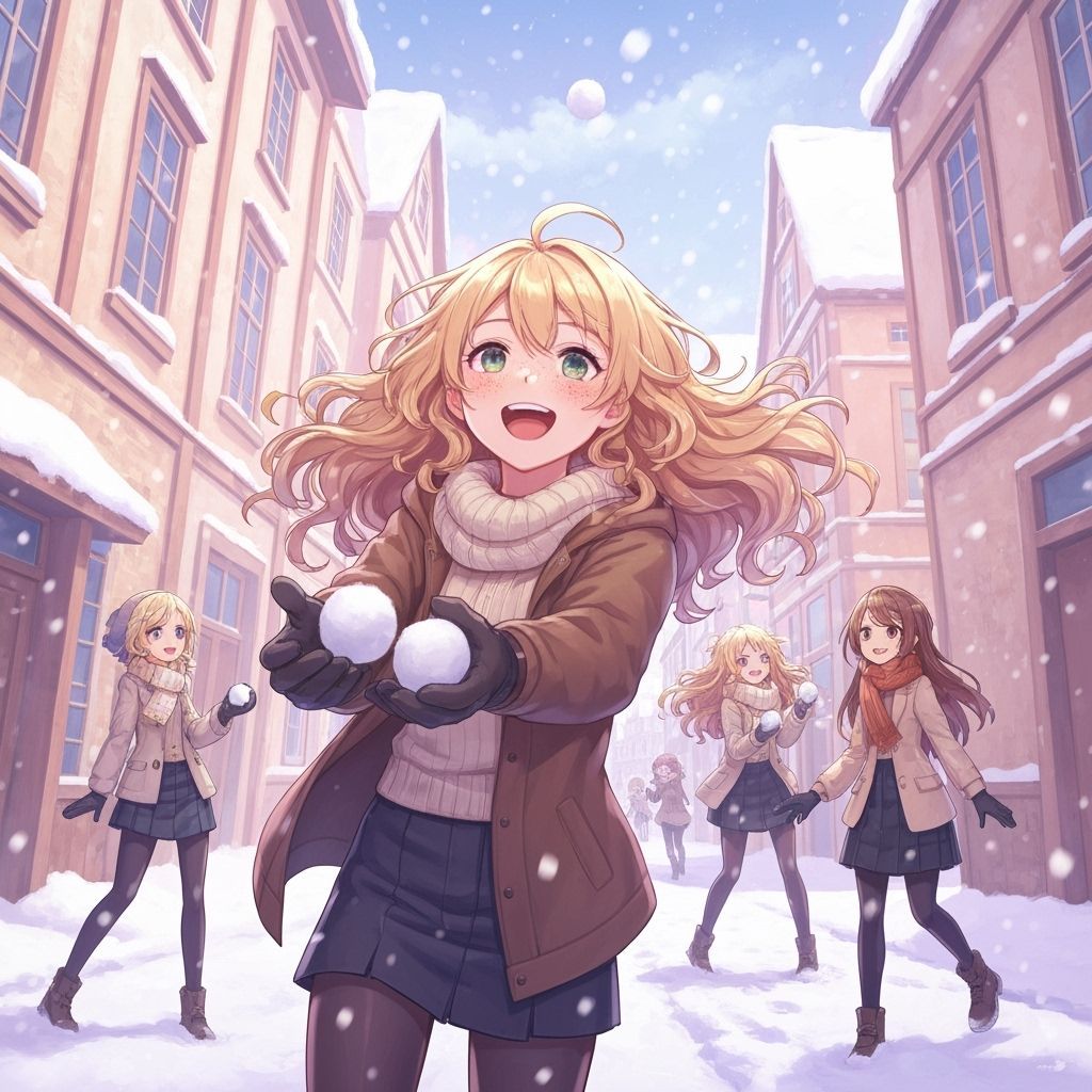 Girls Play Snowballs in Cheerful Manga Style