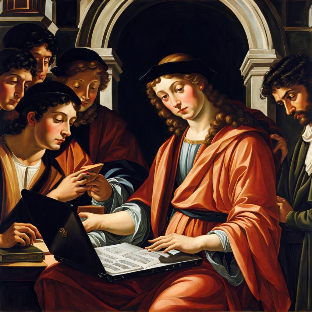 Renaissance Man Lectures Students with Laptop