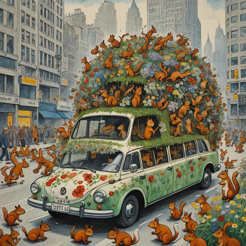 Squirrel-Covered VW Inspired by Chagall and Plympton