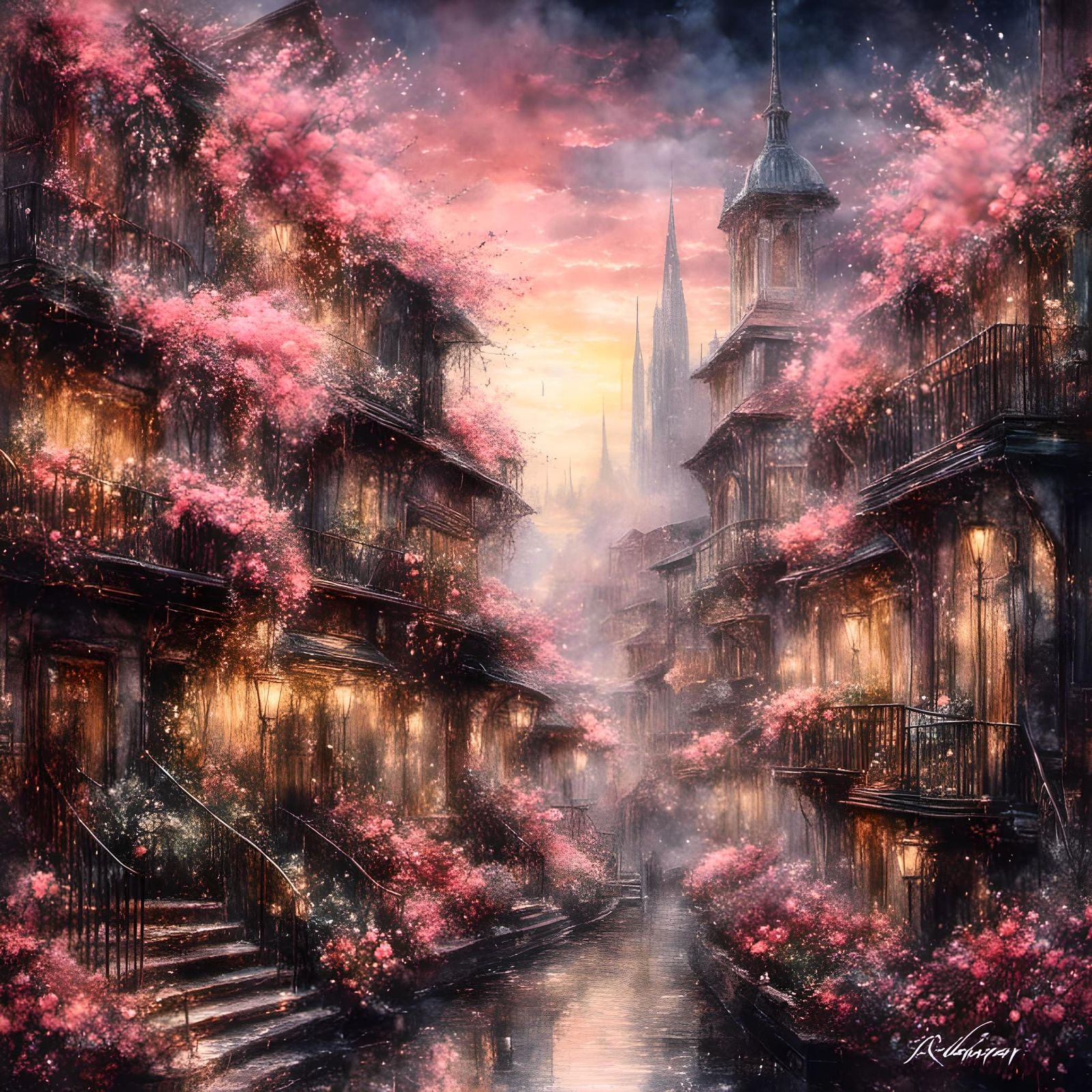 Watercolor Cityscape with Flowers in Gouache Style