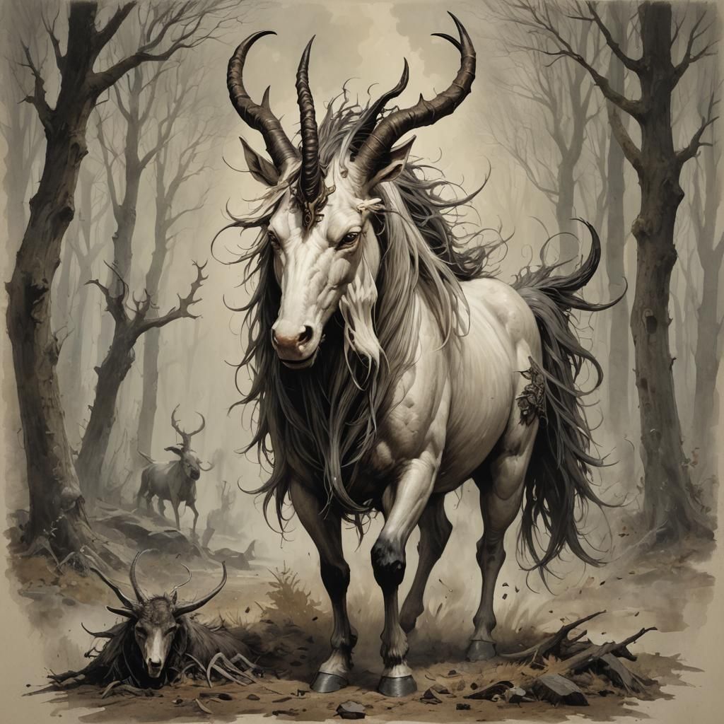 Sinister Unicorn with Stag Head, Dark Fantasy Art