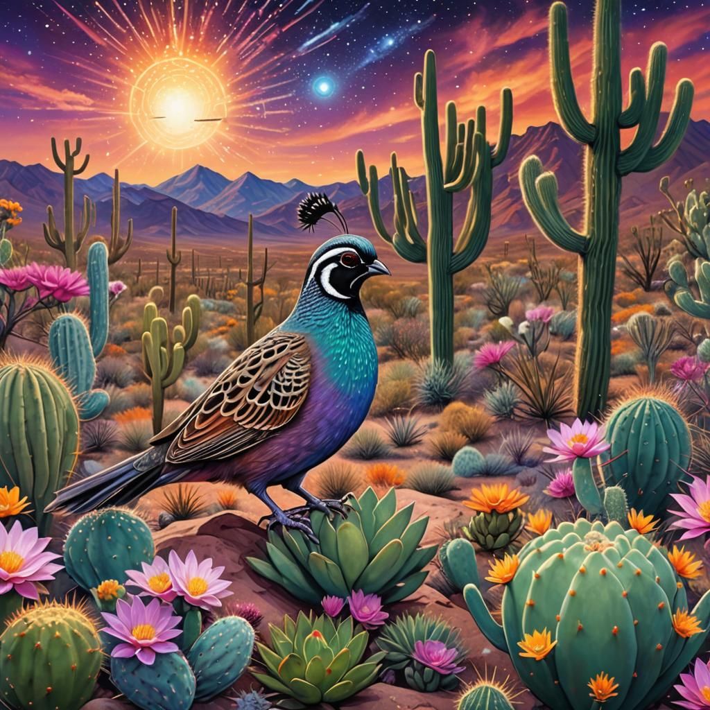Gambel's Quail in Desert: Astral Cosmic Illustration
