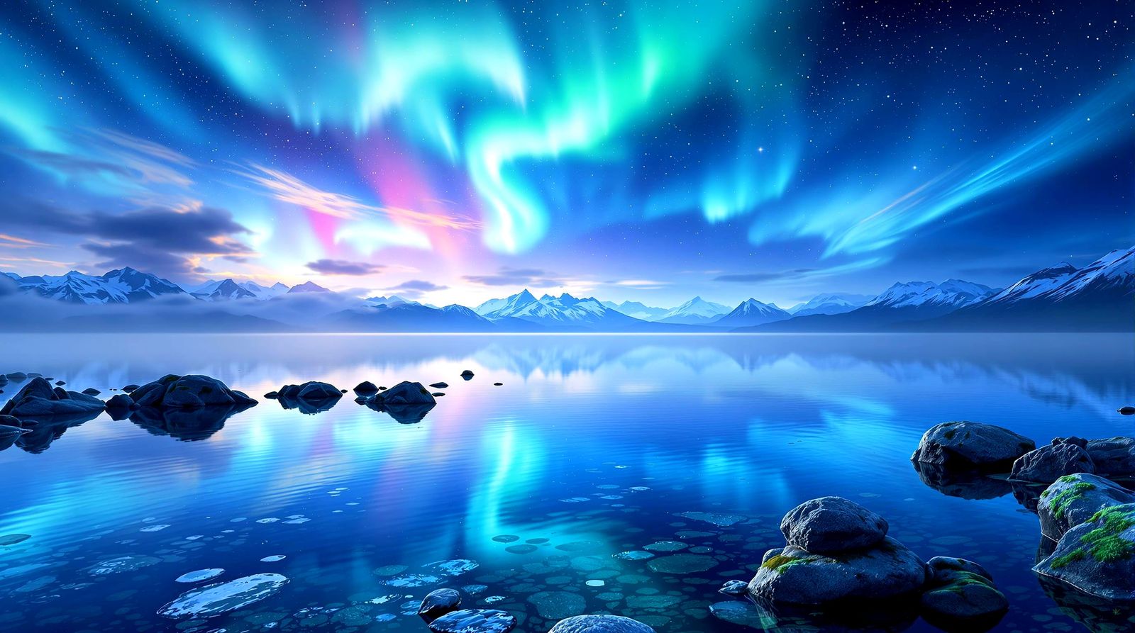 Aurora Borealis Over Tranquil Lake with Cosmic Sky