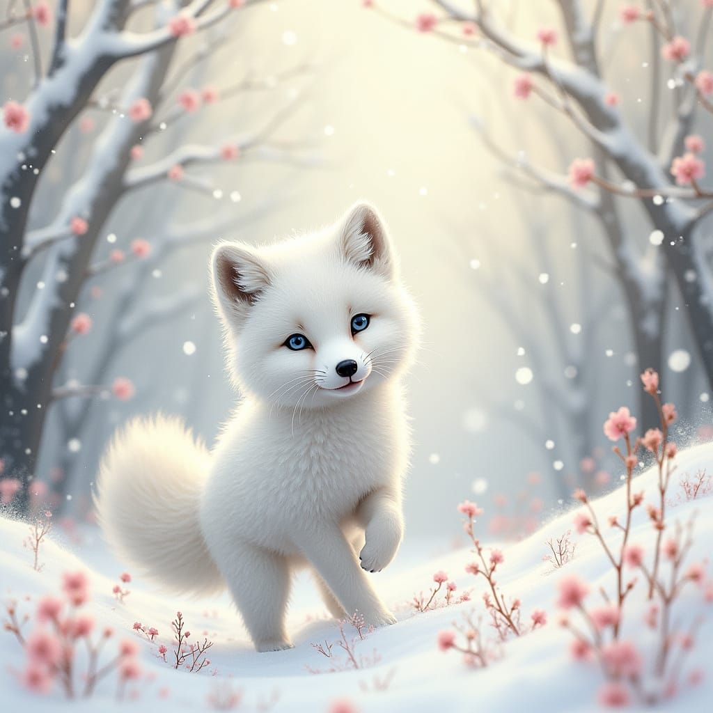 Whimsical White Arctic Fox Cub in Winter Wonderland