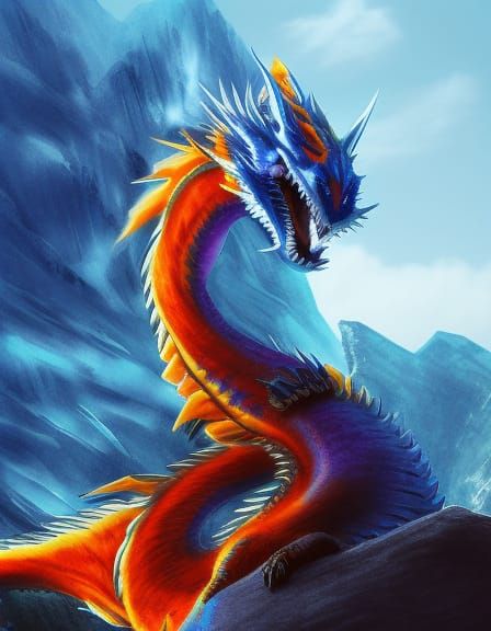 Blue-Eyed Dragon on Mountain: Photorealistic Splash Art