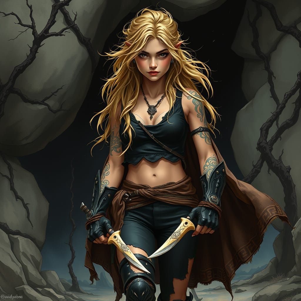 Fae Warrior Emerges from Desolate Fantasy Landscape