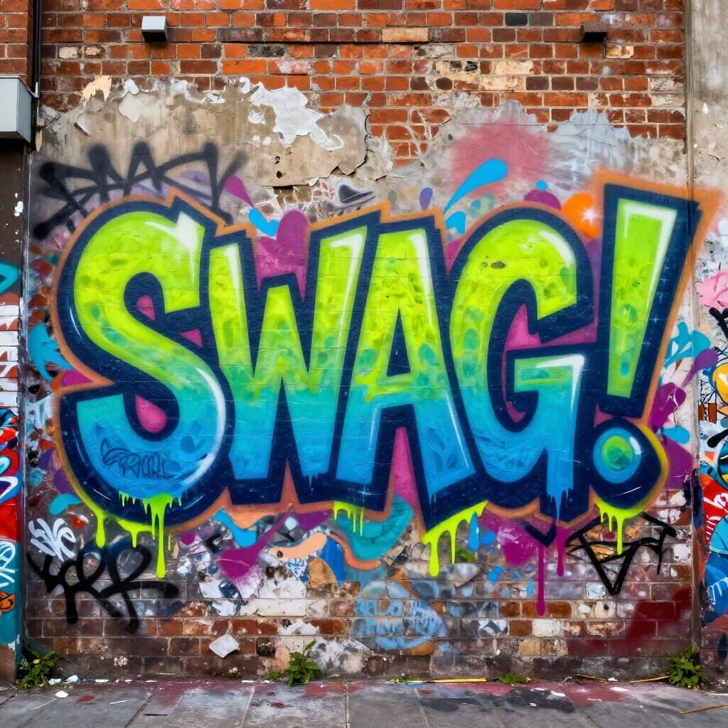 Vibrant Graffiti Mural with 'SWAG!' in Electric Blue and Gre...