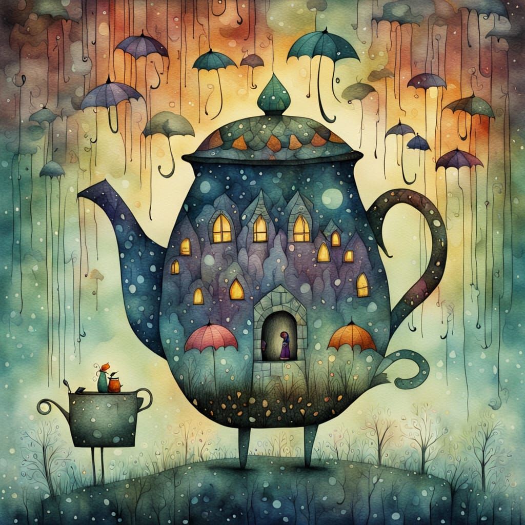 Pantomime with Teapot in Rainy Watercolor Style