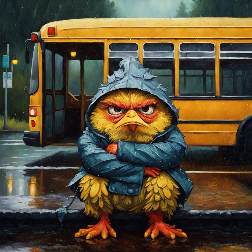 Grumpy Chick at Rainy Bus Stop Oil Painting