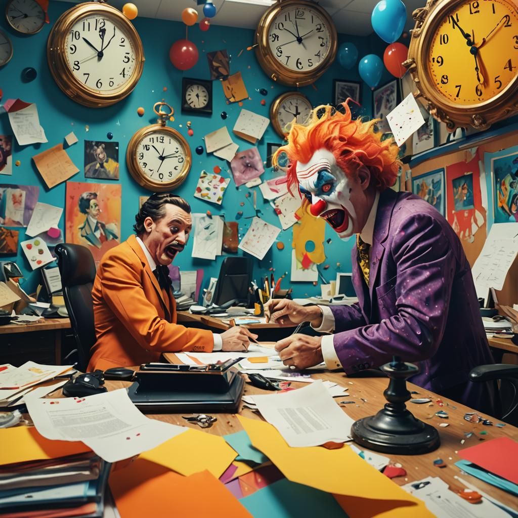 Chaotic Office Scene with Clown Boss in Surreal Style