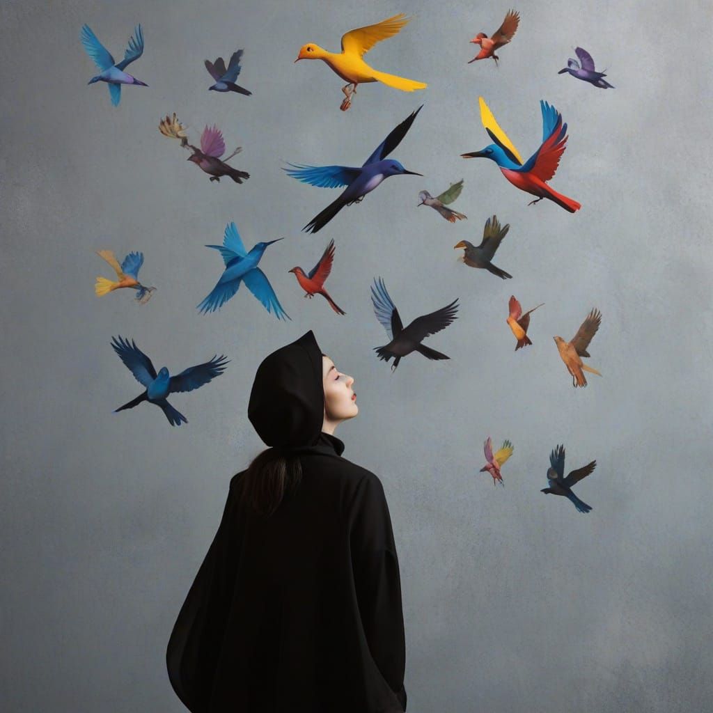 Vibrant Birds Soar Amidst Whimsical Jester Silhouette