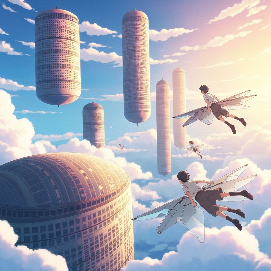Floating Cityscape with Flying Youths in Anime Style