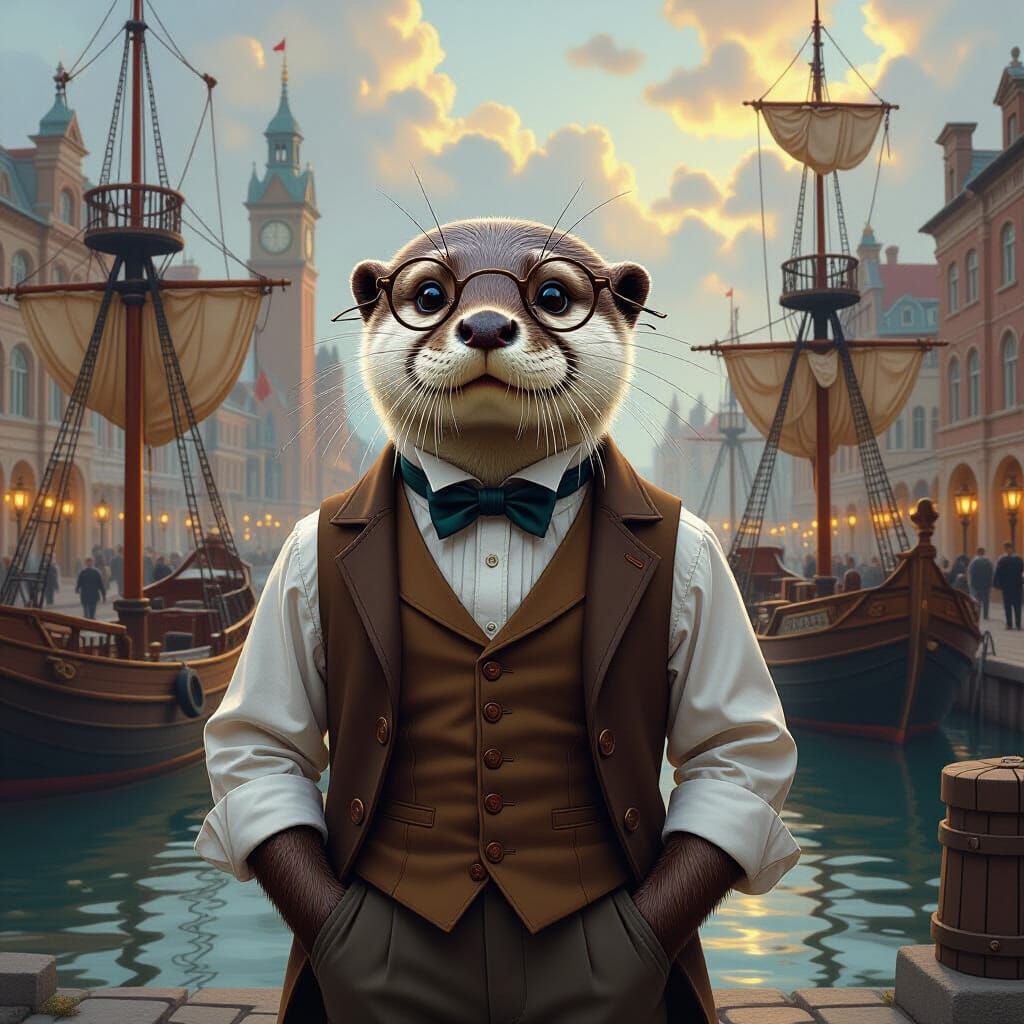 Otter Librarian in Bustling Port City, Whimsical Art Style