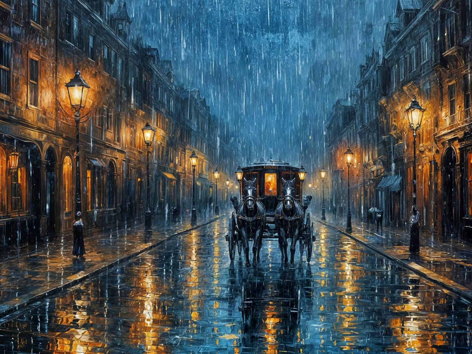 Rainy Victorian London Street Scene with Carriage