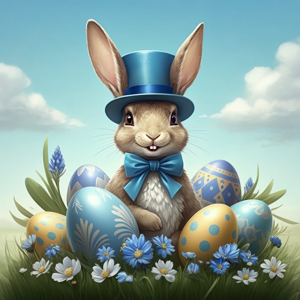 Easter Bunny in a Bright Blue Top Hat Amidst Pastel Blooms