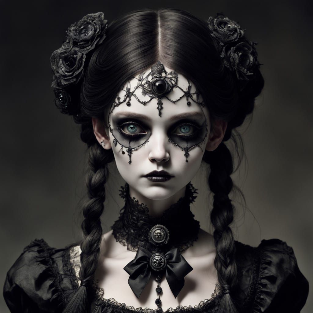 Macabre Doll in Victorian Mourning Attire