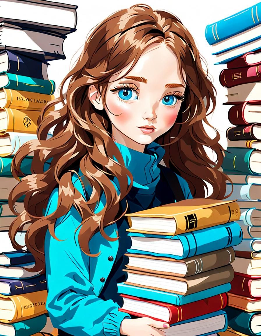 Girl with Books: Honey Hair and Blue Eyes
