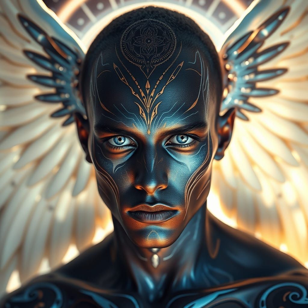 A very beautiful utopic angel  man with dark Transparent skin, sapphire blue eyes, makeup  looks like a tribal tattoo Li...