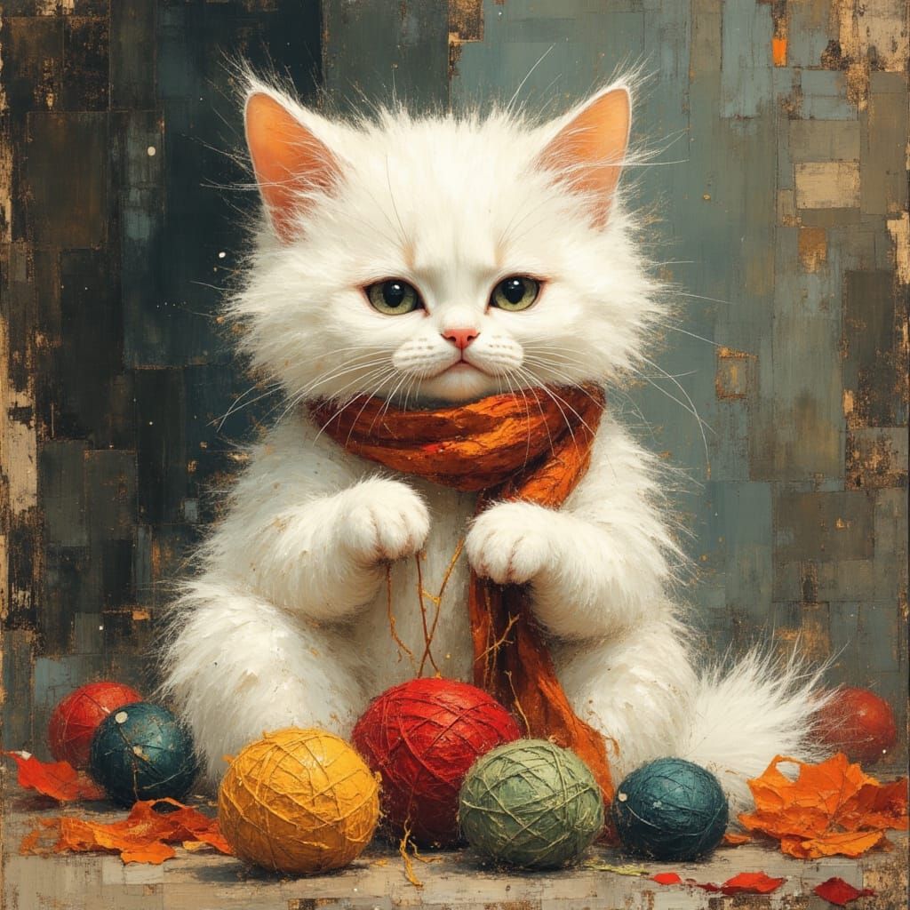 Fluffy White Cat Proudly Knitting an Impressive Scarf