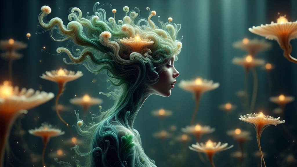 Alien Fungus Spirit in Bioluminescent Forest