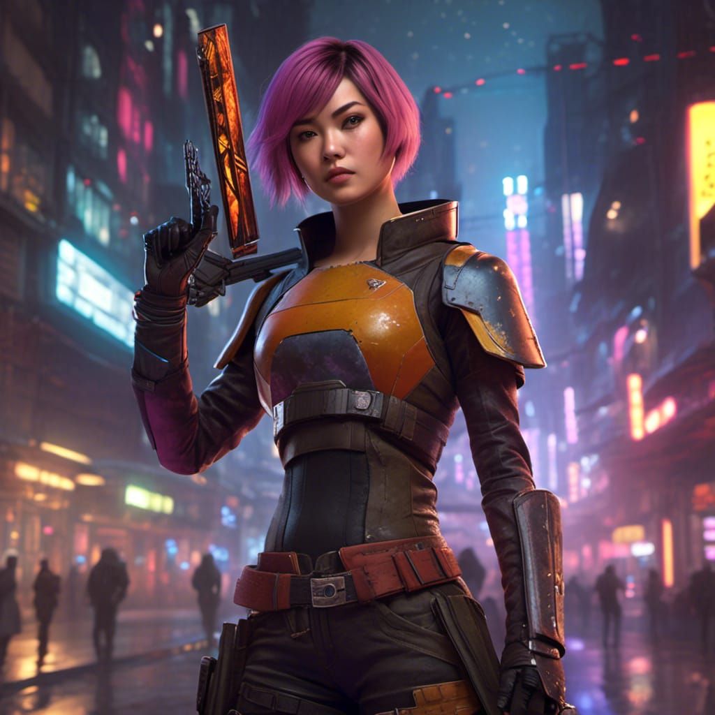 Natasha Liu Bordizzo as Sabine Wren with Darksaber