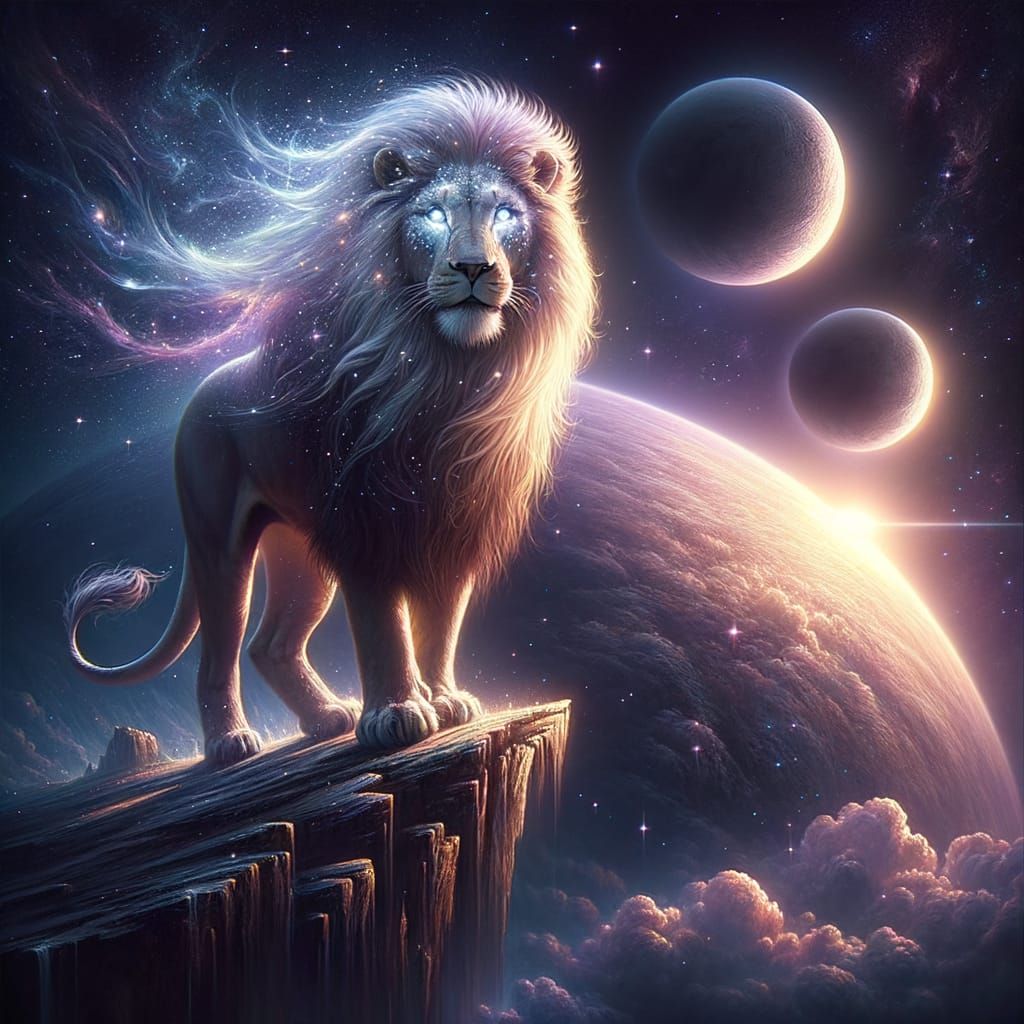 Cosmic Lion Overlooks Alien Planet in Digital Art