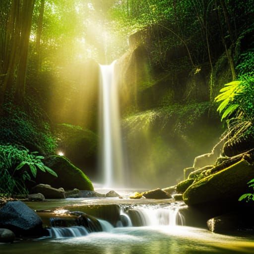 Lush Jungle Waterfall in Sunlight: Professional Photography