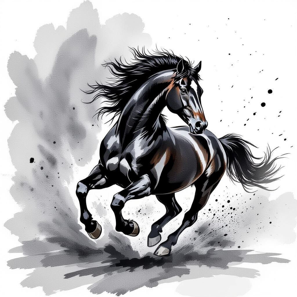 Galloping Stallion Ink Sketch with Bold Brush Strokes