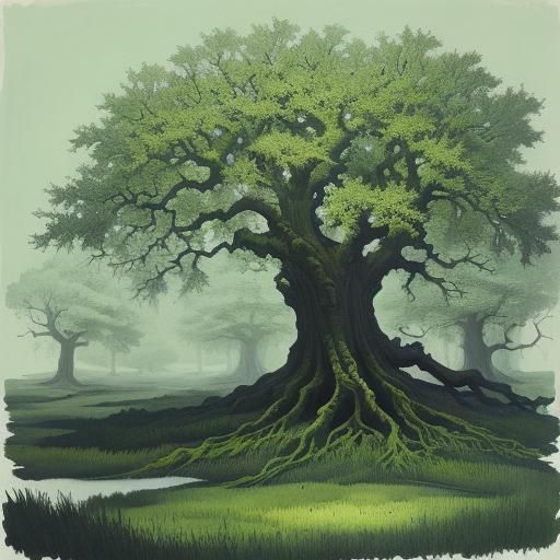 Monochromatic Green Oak Ink Wash