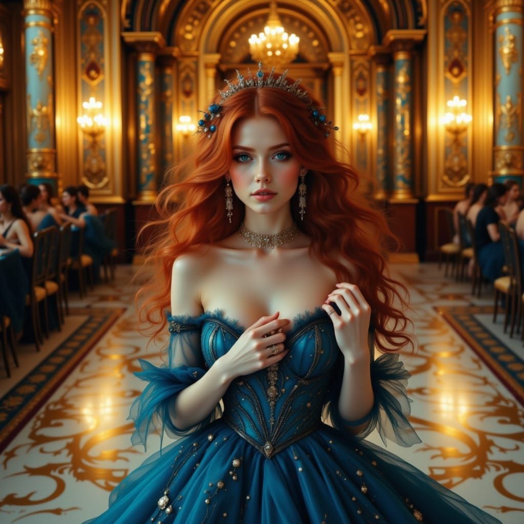 Redhead in Sapphire Gown in Ballroom
