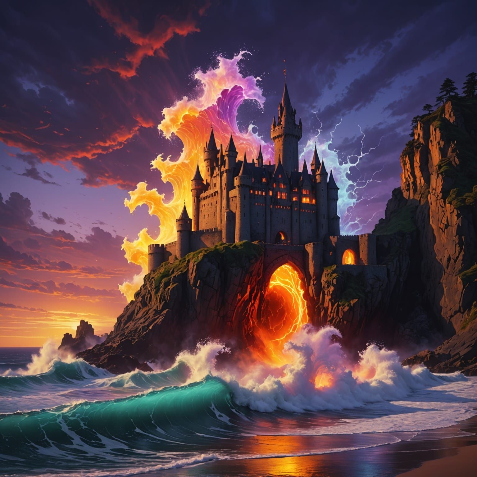 Ethereal Castle Beset by Luminous Ocean Wave