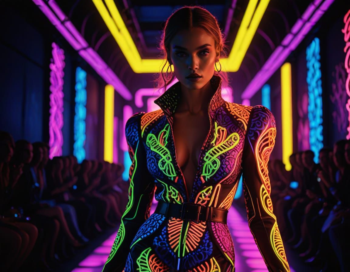 Glowing Fashion Model Struts Down Neon Runway in Cyberpunk A...