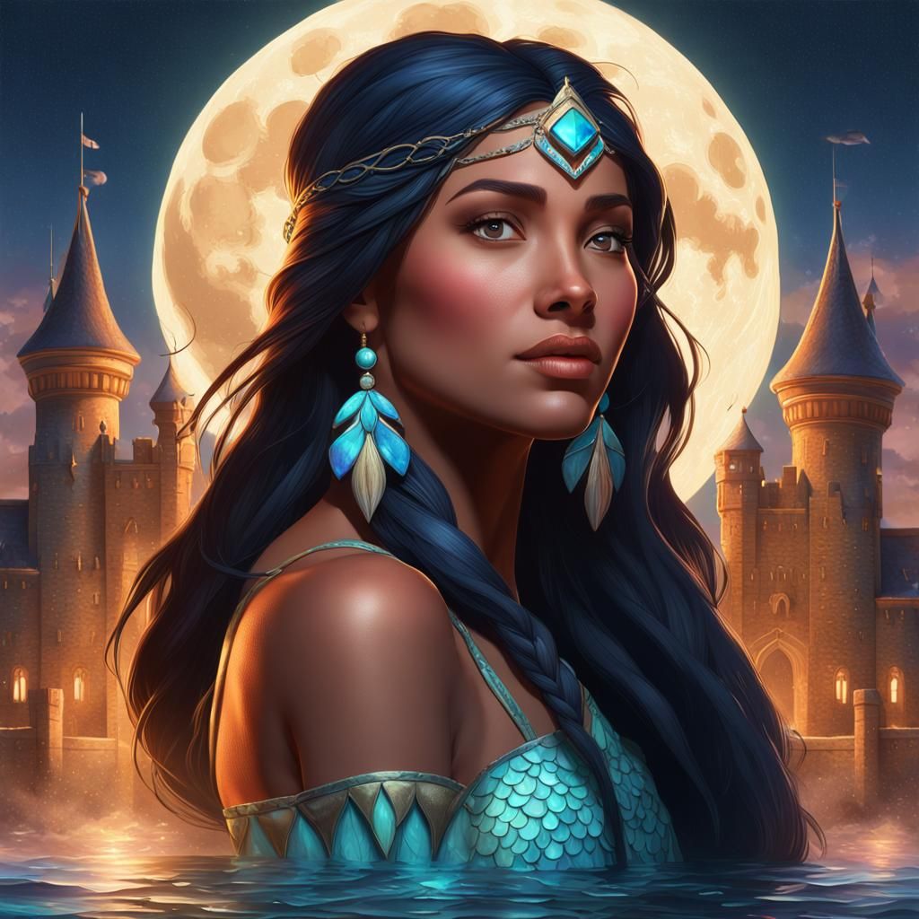 Hyperrealistic Pocahontas Mermaid at Disney Castle