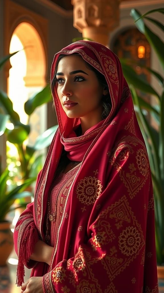 Bedouin Woman in Marrakesh Riad, Hyperrealistic Concept Art