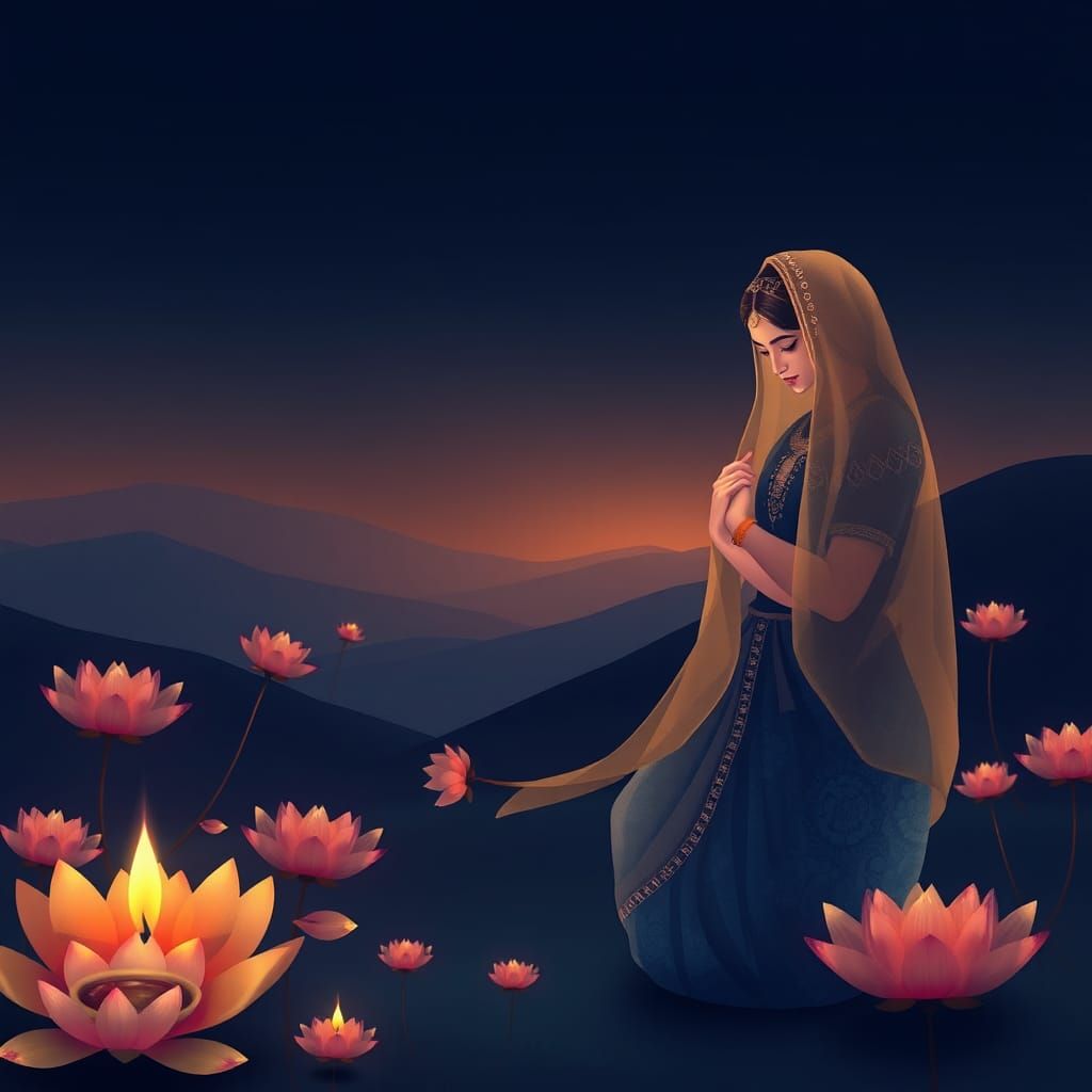 Ethereal Indian Art: Lotus, Lamps, and Motherhood