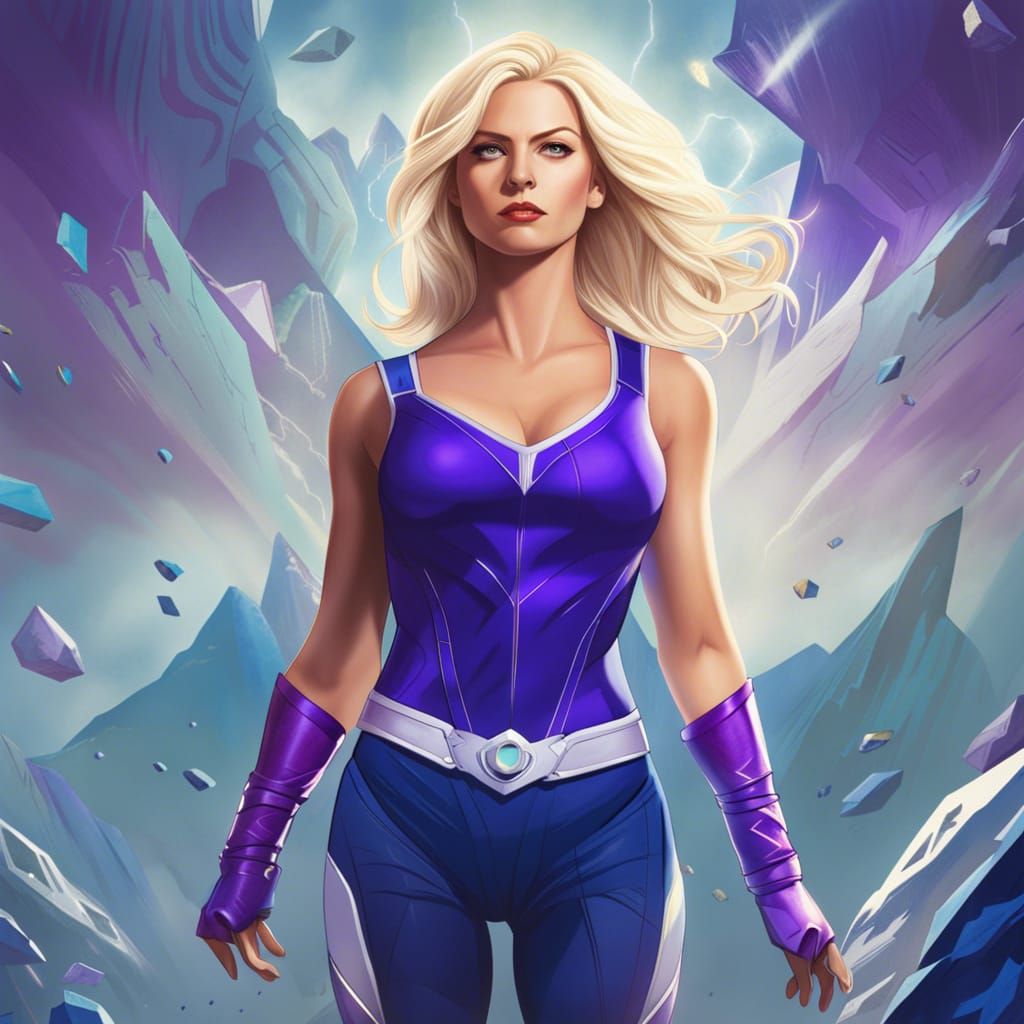 Blonde Superhero with Purple Energy: Matte Painting
