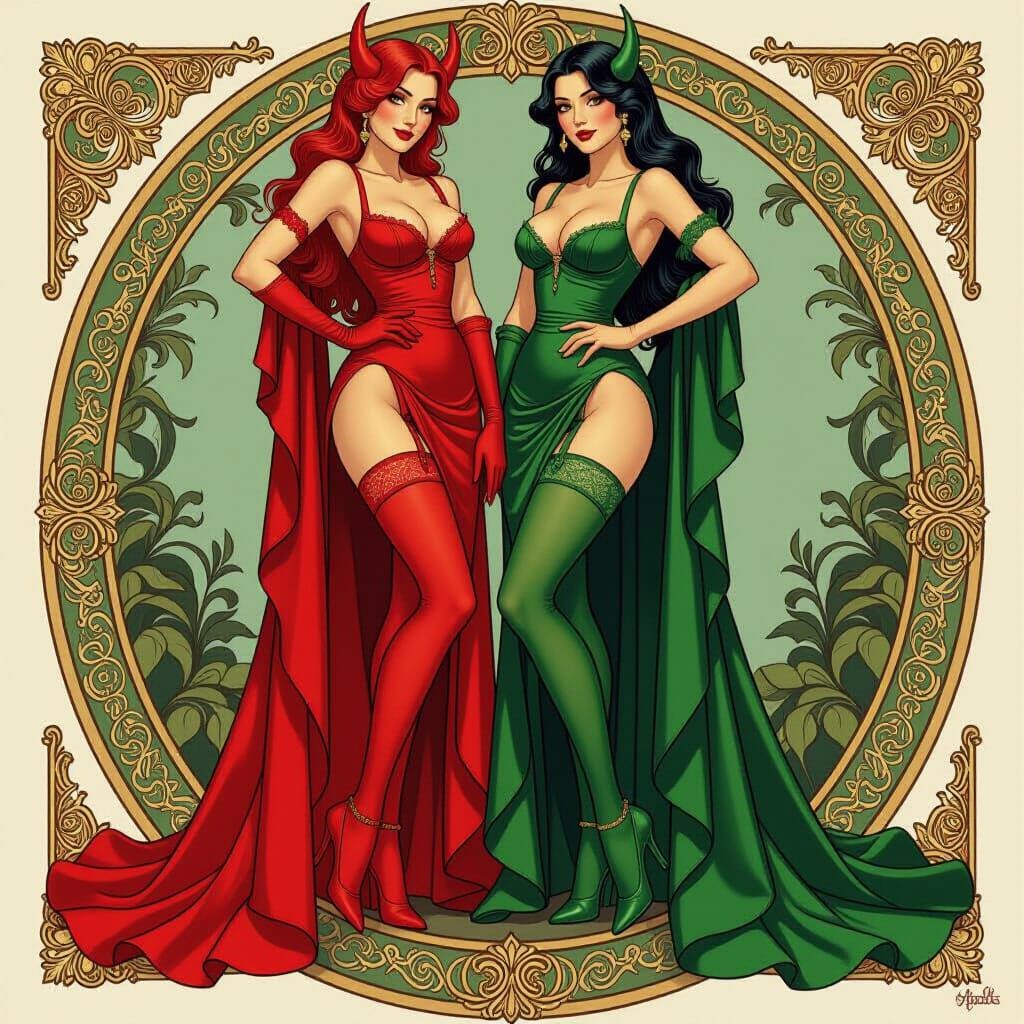 Elegant Demon Ladies in Red and Green Stockings