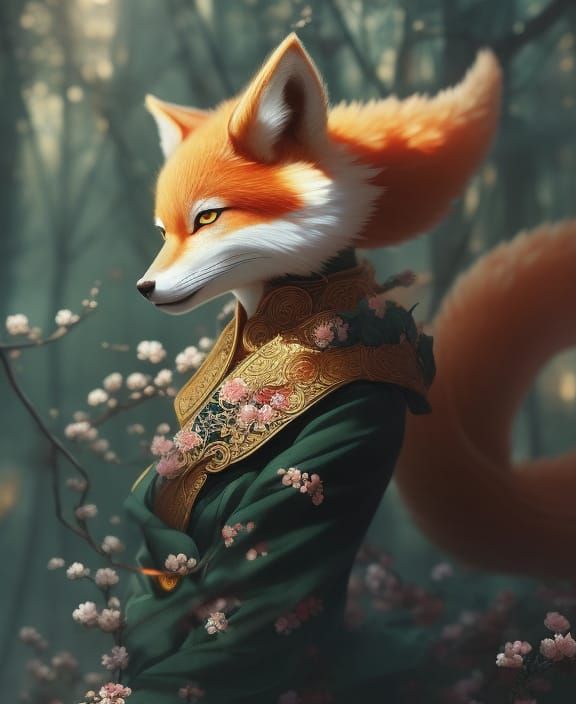 Kitsune: Nine-Tailed Fox Spirit in Japanese Anime Style