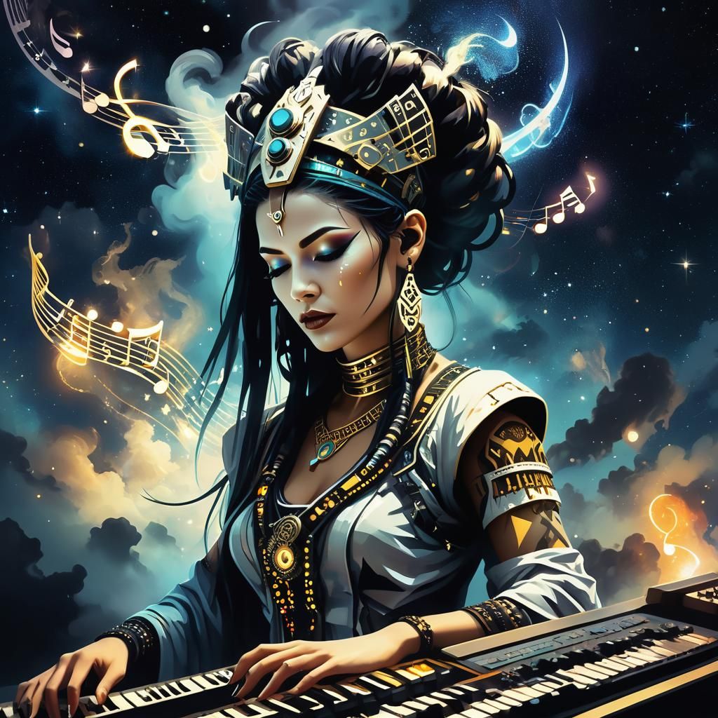 Cyberpunk Priestess Plays Synthesizer in Oil Illustration