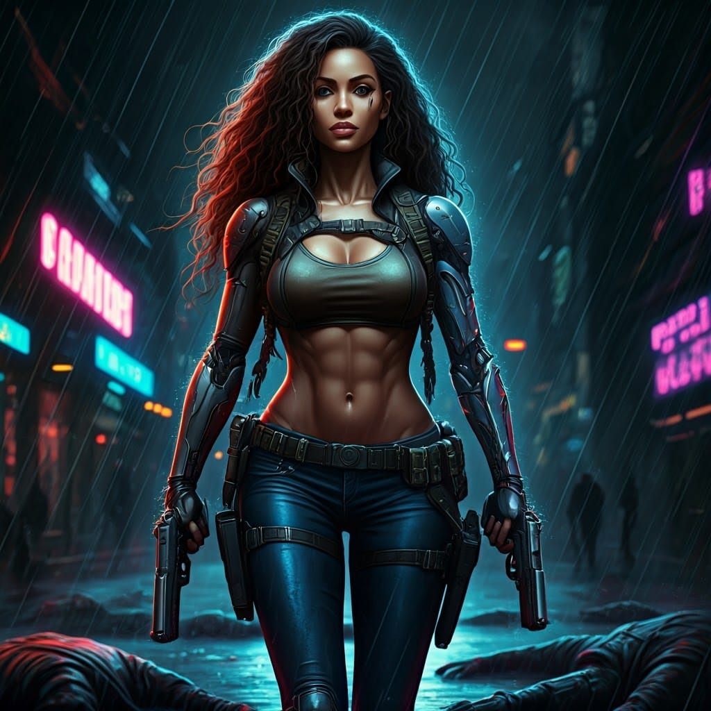 Cyberpunk Mercenary Striding Through Neon Cityscape