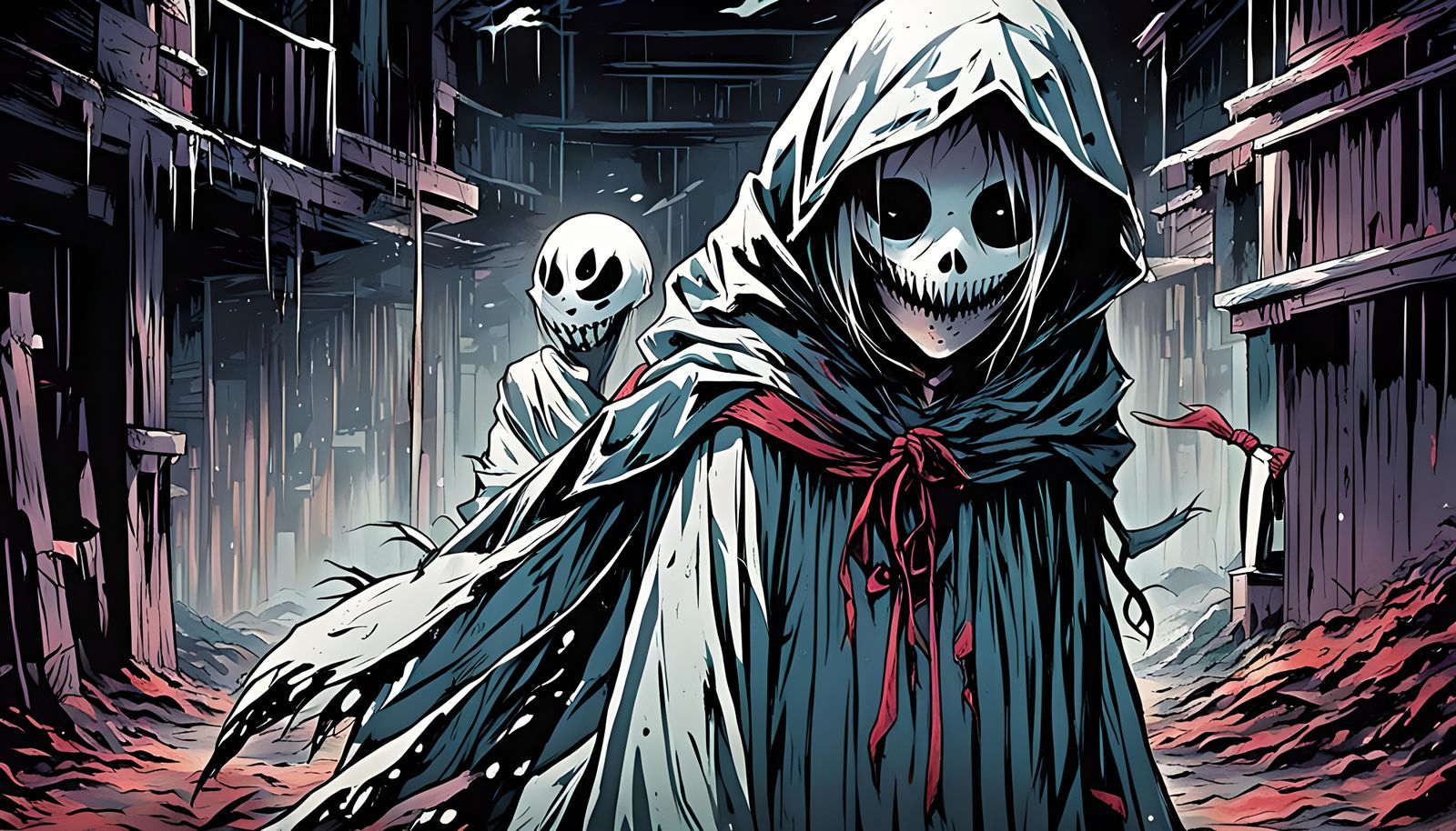 Eerie Masked Girl with Ghost in Anime Style