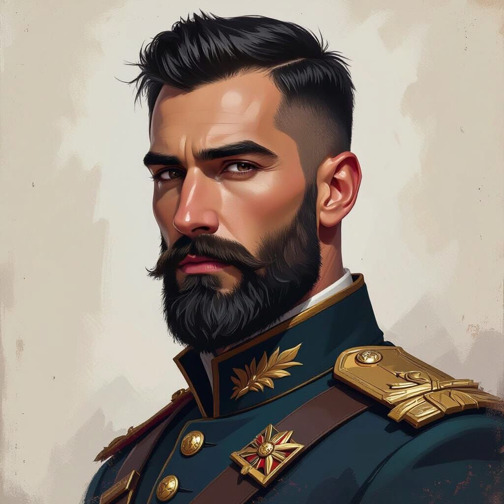 Stoic Soldier with Black Beard in Fantasy Matte Painting