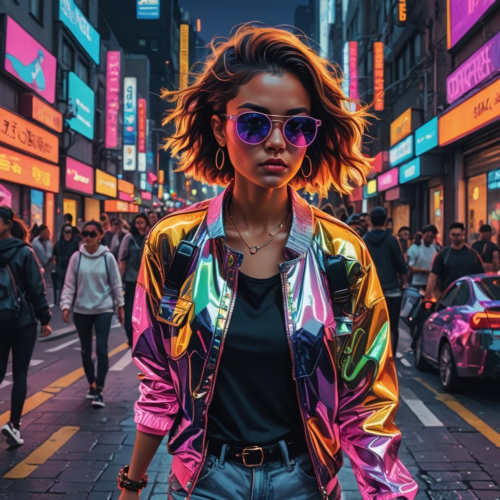 Trendy Woman in Vibrant Cityscape Portrait