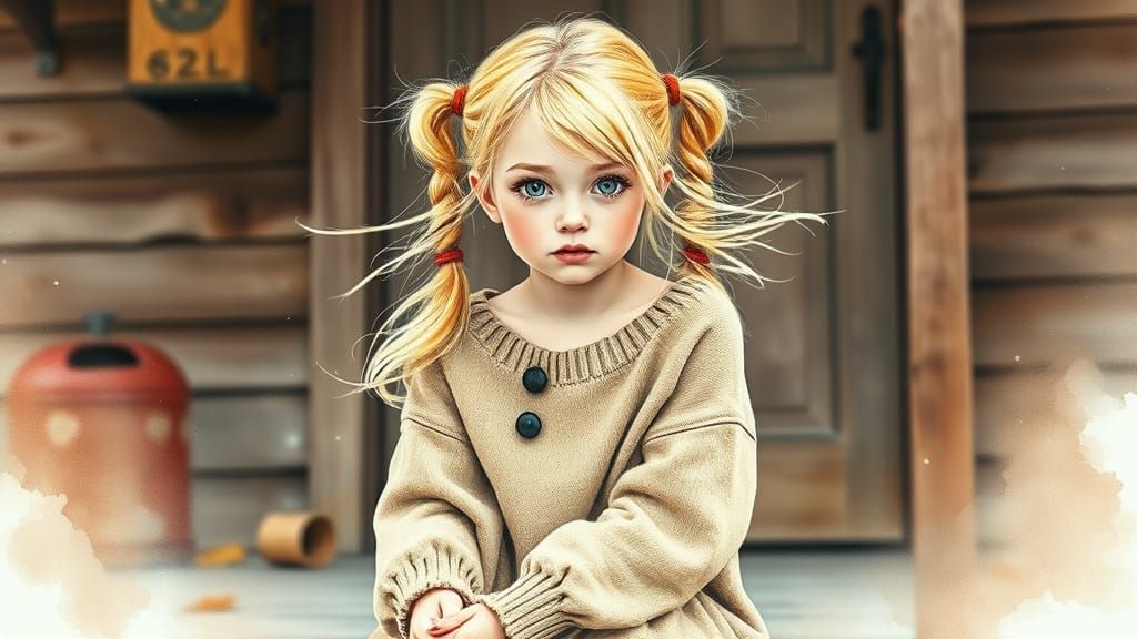 Cute Pin-Up Girl in Autumn Mist, Watercolor Style