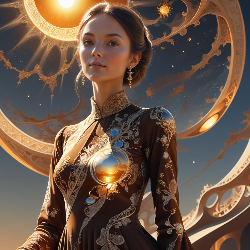 Elegant Woman Holds the Sun in Fractal Sky