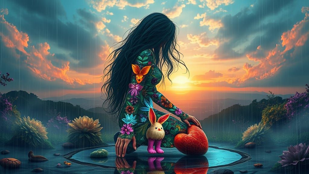 Dreamlike Collage of a Kneeling Woman in a Stormy Sunset Lan...