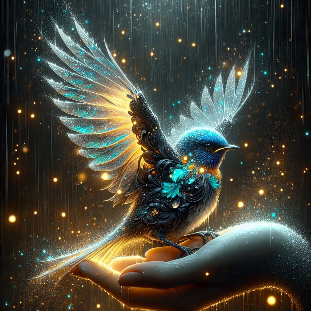 Crystal-Winged Bluebird in Bioluminescent Rain: Dark Fantasy...