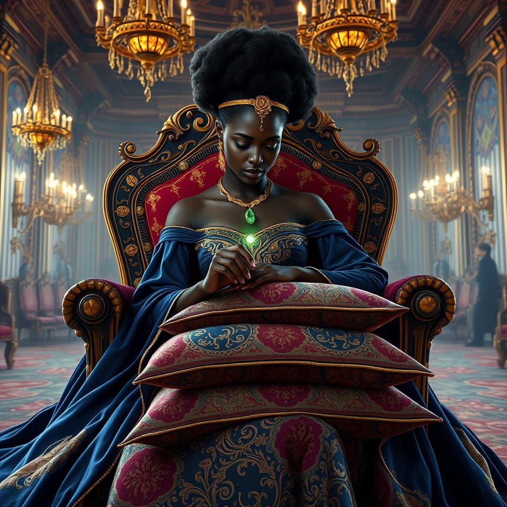 Regal Princess Surrounded by Lavish Tapestries and Golden Ac...